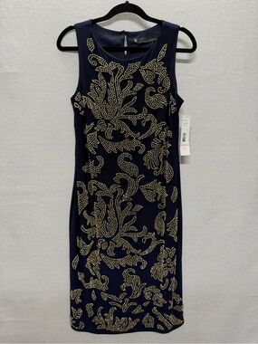 NWT Chetta B Navy Sheath Dress with Gold Stud Embellishment - size 10